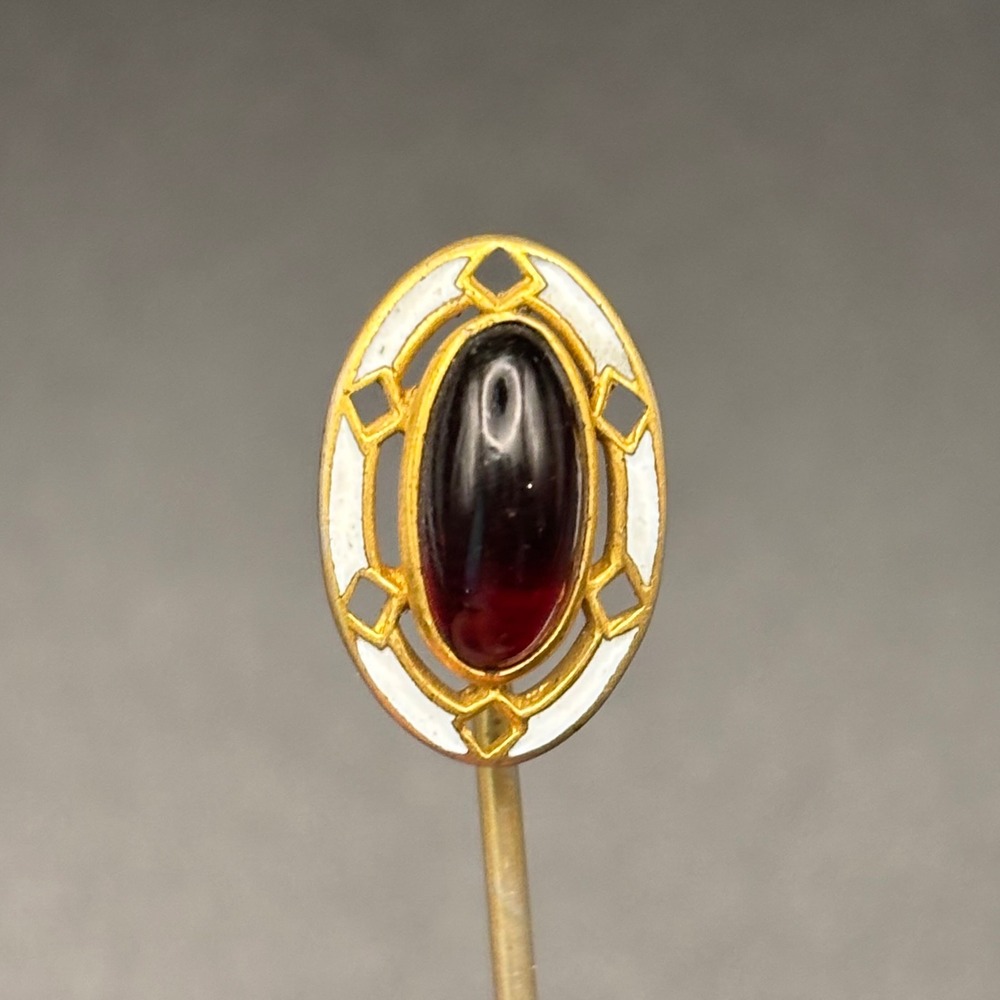 Vintage Stick Pin Gold Tone Red Glass White Enamel 2.83"